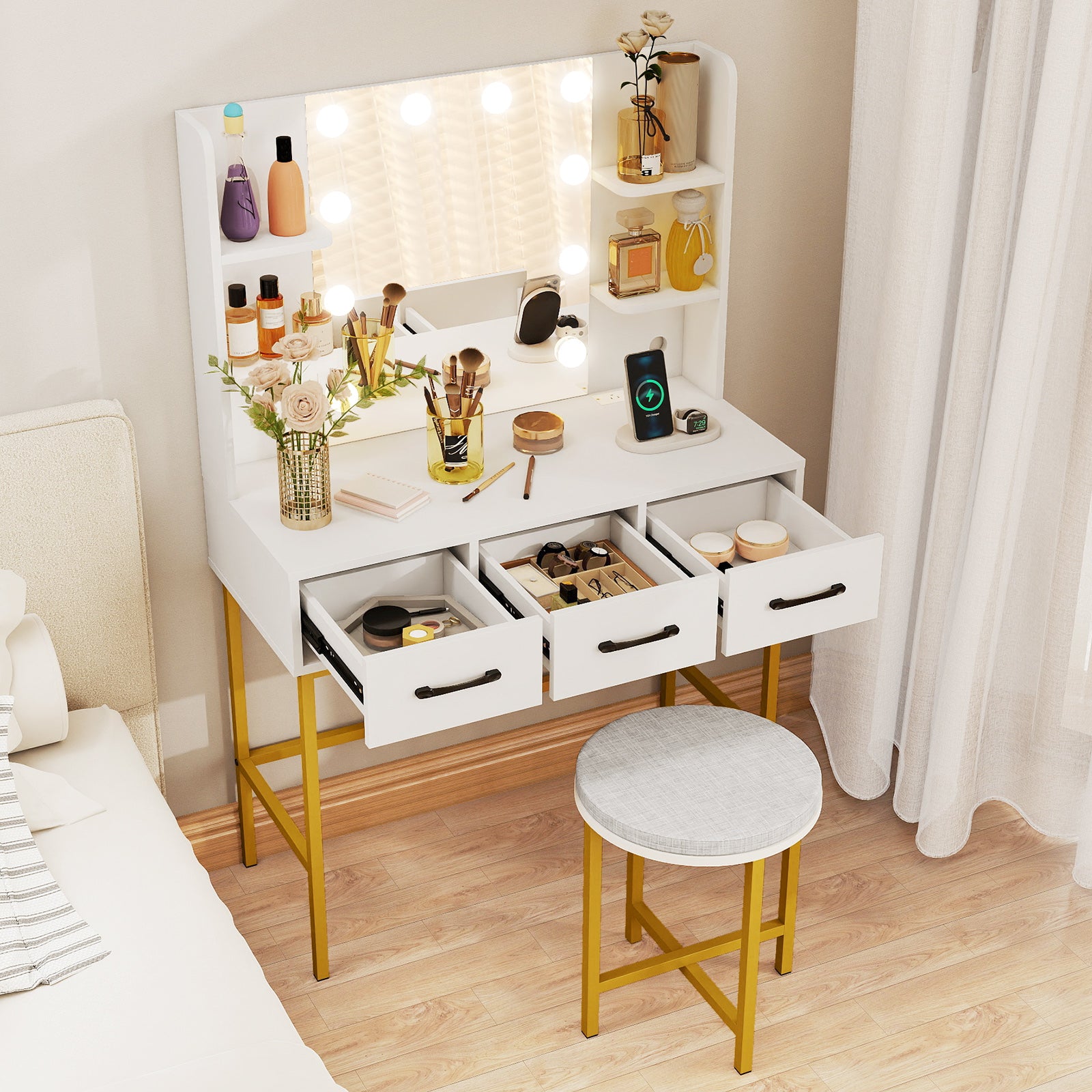 Vanity Desk with Mirror and Lights Makeup Dressing Table and Cushioned Stool Set, White Makeup Vanities at Gallery Canada