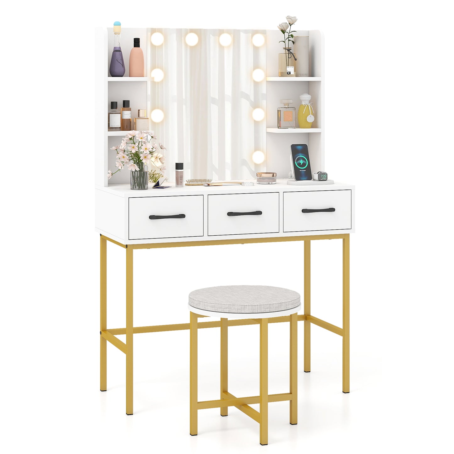 Vanity Desk with Mirror and Lights Makeup Dressing Table and Cushioned Stool Set, White Makeup Vanities at Gallery Canada