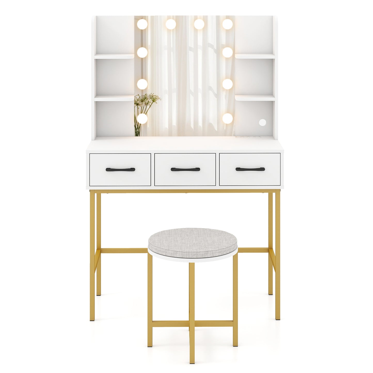 Vanity Desk with Mirror and Lights Makeup Dressing Table and Cushioned Stool Set, White Makeup Vanities at Gallery Canada