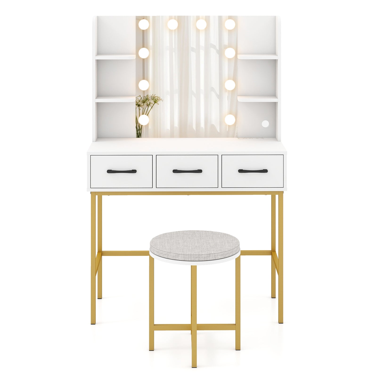 Vanity Desk with Mirror and Lights Makeup Dressing Table and Cushioned Stool Set, White Makeup Vanities at Gallery Canada