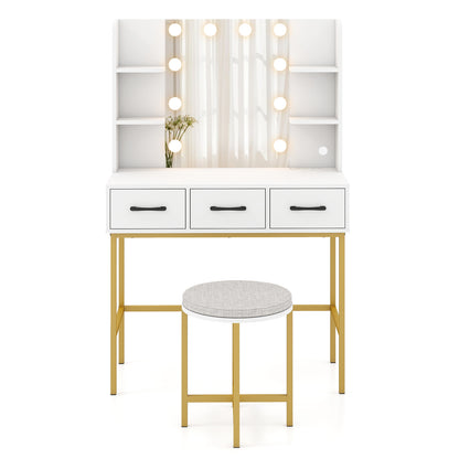 Vanity Desk with Mirror and Lights Makeup Dressing Table and Cushioned Stool Set, White Makeup Vanities at Gallery Canada