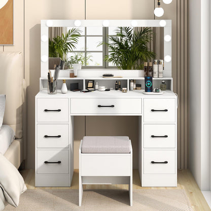 Vanity Desk with Mirror and Lights Makeup Table with Power Outlets, White