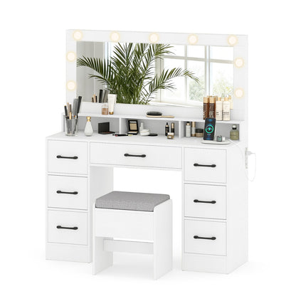 Vanity Desk with Mirror and Lights Makeup Table with Power Outlets, White