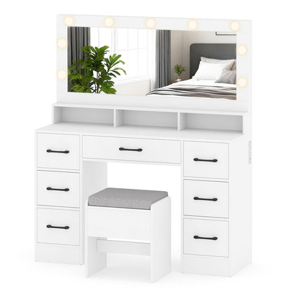 Vanity Desk with Mirror and Lights Makeup Table with Power Outlets, White