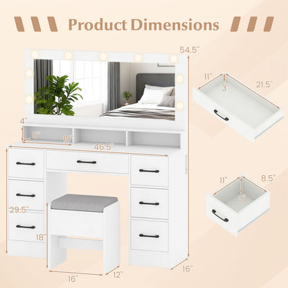 Vanity Desk with Mirror and Lights Makeup Table with Power Outlets, White