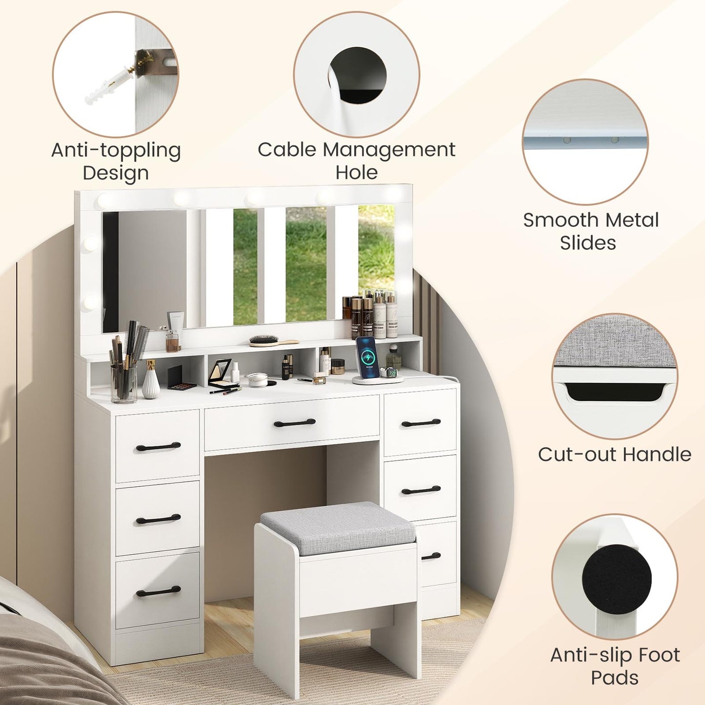 Vanity Desk with Mirror and Lights Makeup Table with Power Outlets, White