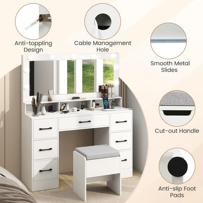 Vanity Desk with Mirror and Lights Makeup Table with Power Outlets, White