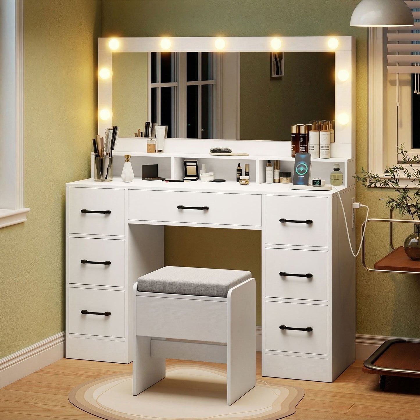Vanity Desk with Mirror and Lights Makeup Table with Power Outlets, White