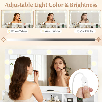 Vanity Desk with Mirror and Lights Makeup Table with Power Outlets, White