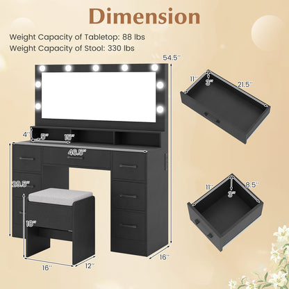 Vanity Desk with Mirror and Lights Makeup Table with Power Outlets, Black Makeup Vanities at Gallery Canada