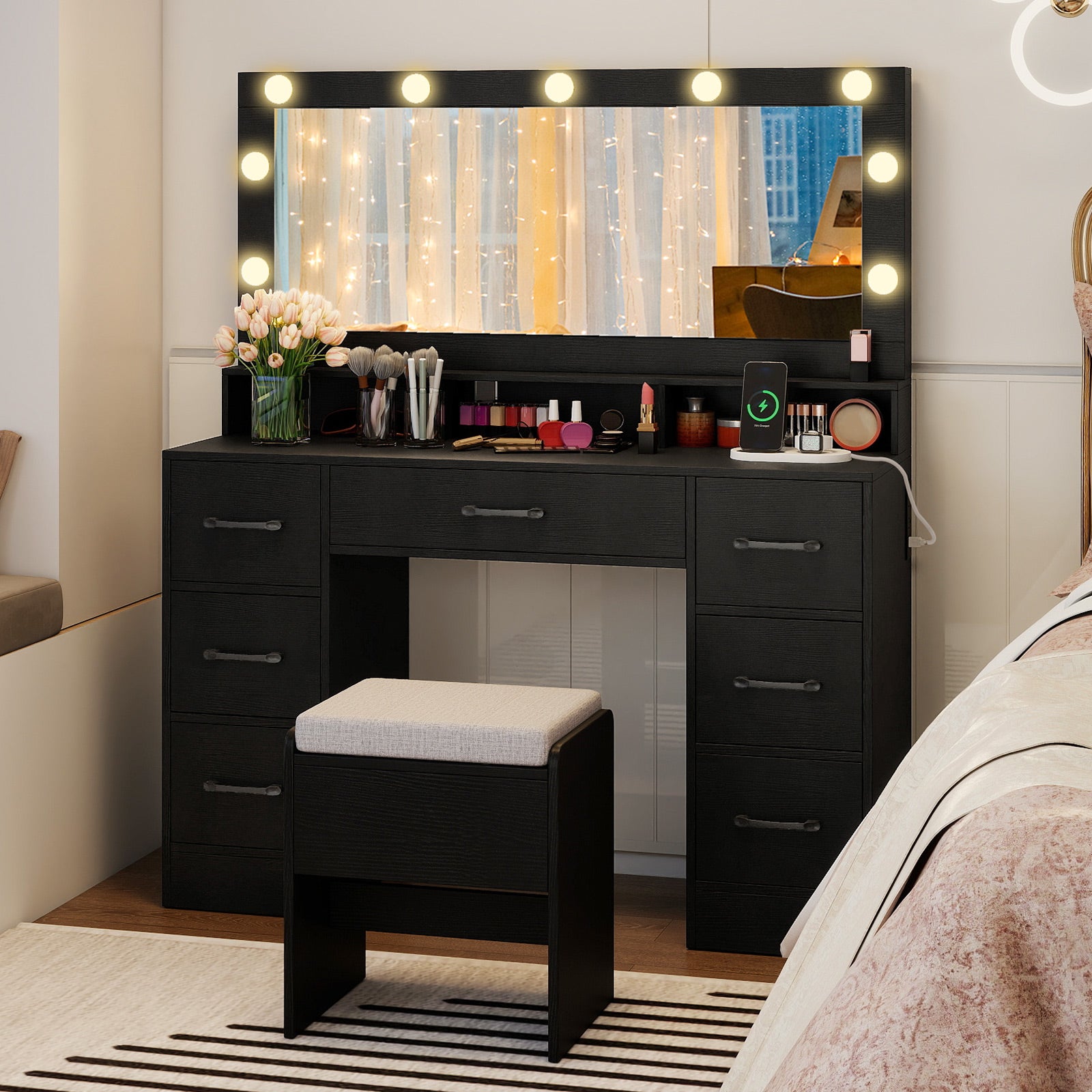 Vanity Desk with Mirror and Lights Makeup Table with Power Outlets, Black Makeup Vanities at Gallery Canada