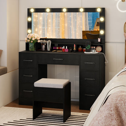 Vanity Desk with Mirror and Lights Makeup Table with Power Outlets, Black Makeup Vanities at Gallery Canada