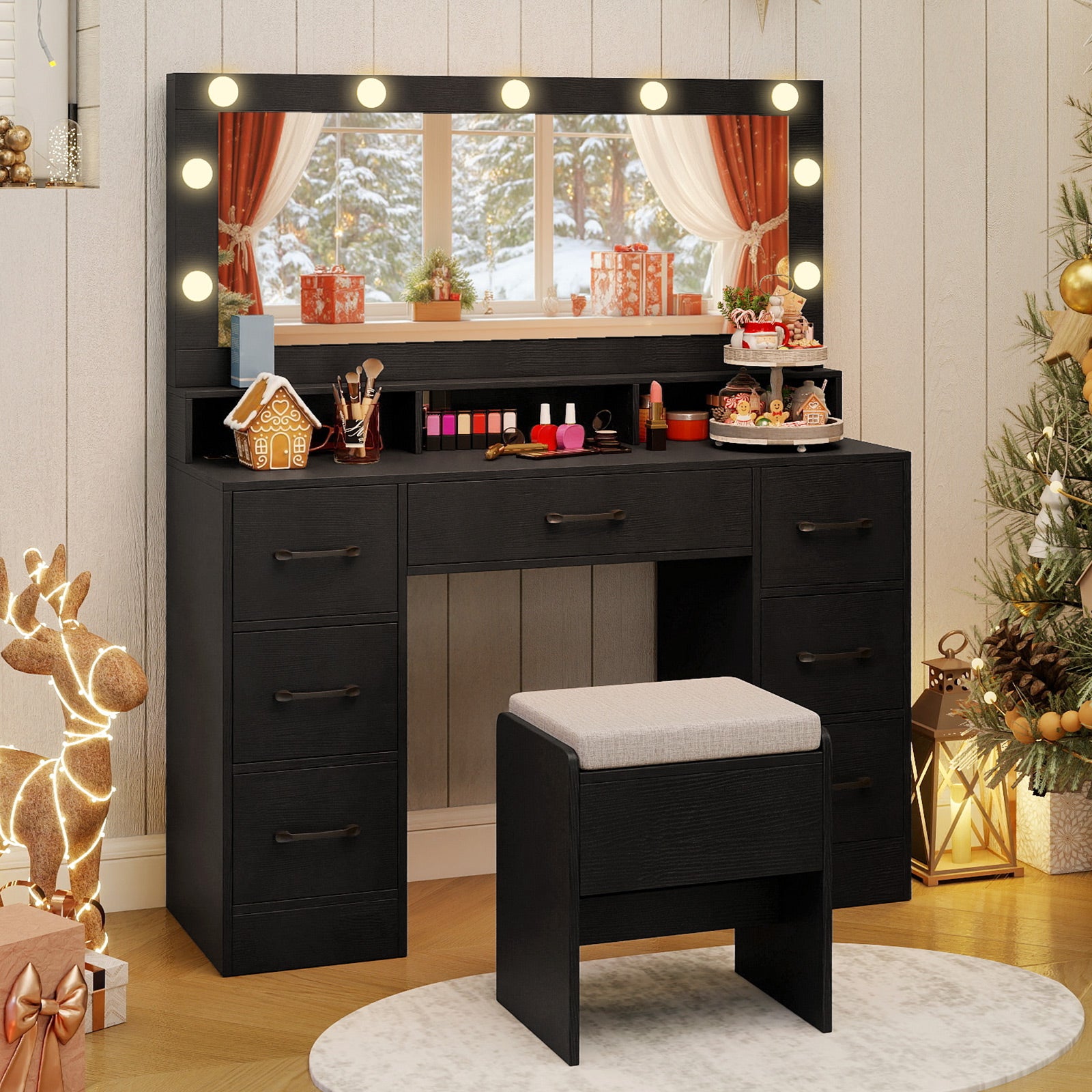 Vanity Desk with Mirror and Lights Makeup Table with Power Outlets, Black Makeup Vanities at Gallery Canada