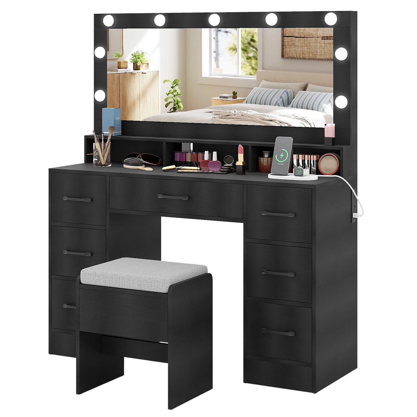 Vanity Desk with Mirror and Lights Makeup Table with Power Outlets, Black Makeup Vanities at Gallery Canada