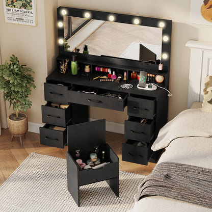 Vanity Desk with Mirror and Lights Makeup Table with Power Outlets, Black Makeup Vanities at Gallery Canada