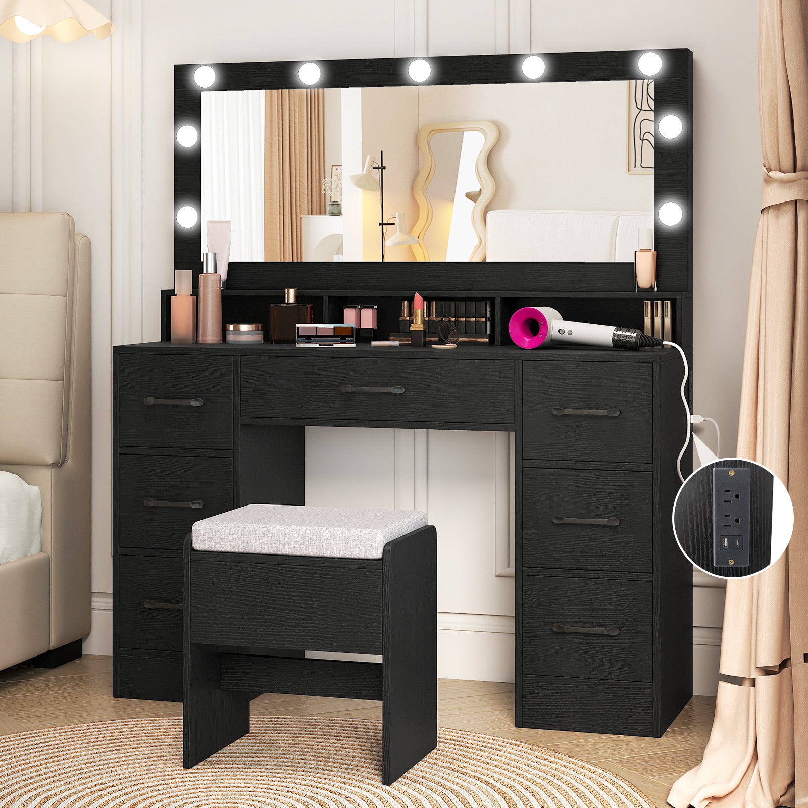 Vanity Desk with Mirror and Lights Makeup Table with Power Outlets, Black Makeup Vanities at Gallery Canada