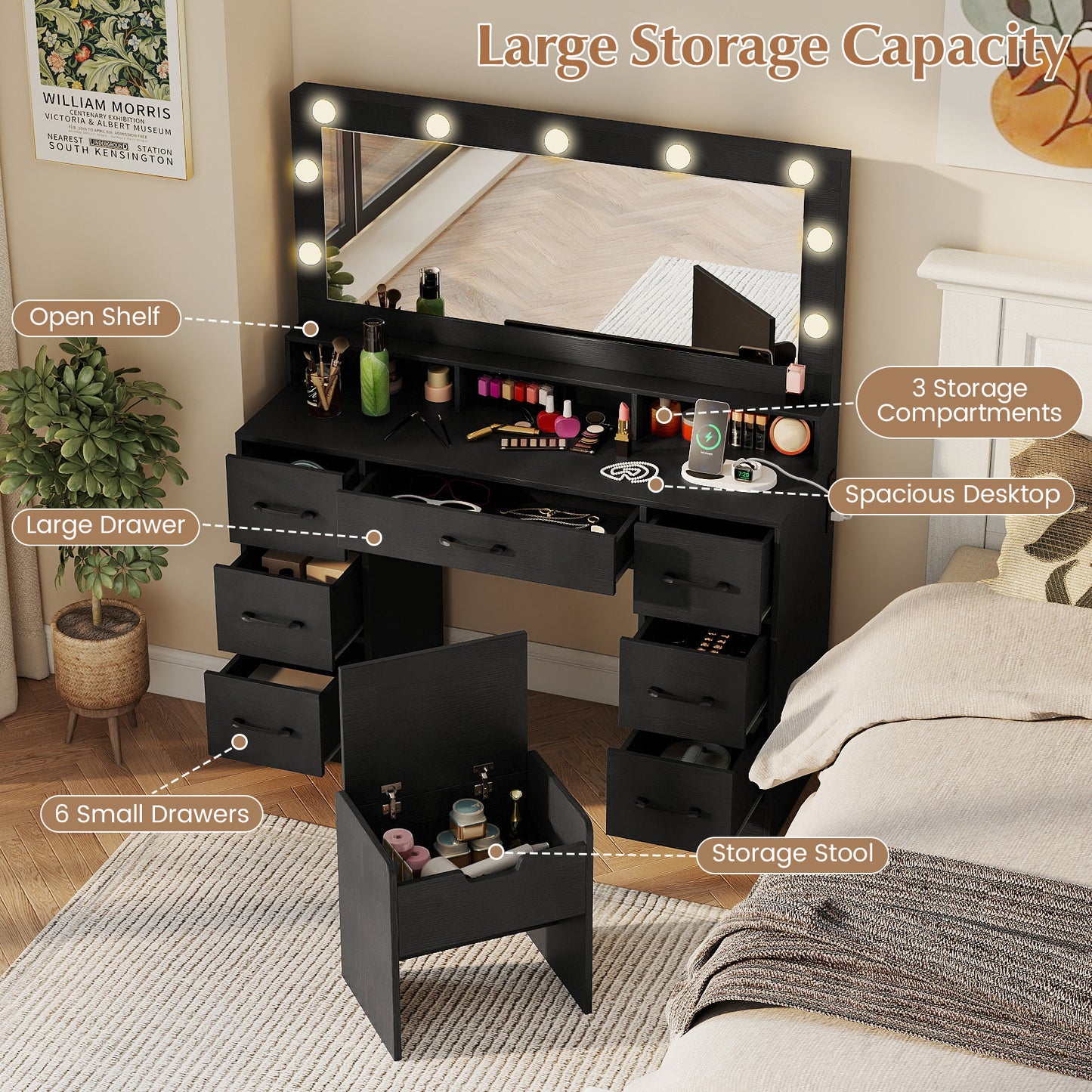 Vanity Desk with Mirror and Lights Makeup Table with Power Outlets, Black Makeup Vanities at Gallery Canada