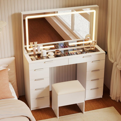 Vanity Desk with Mirror, Lights, Stool & Charging Station, White Makeup Vanities at Gallery Canada