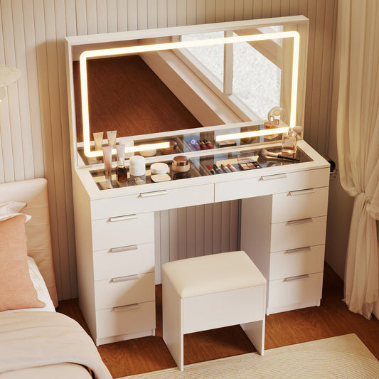 Vanity Desk with Mirror, Lights, Stool & Charging Station, White Makeup Vanities White at Gallery Canada