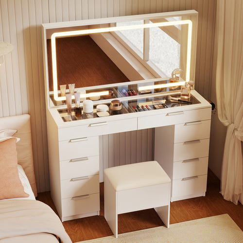 Vanity Desk with Mirror, Lights, Stool & Charging Station, White
