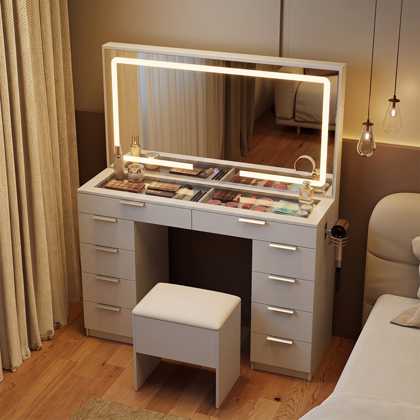 Vanity Desk with Mirror, Lights, Stool & Charging Station, White Makeup Vanities at Gallery Canada