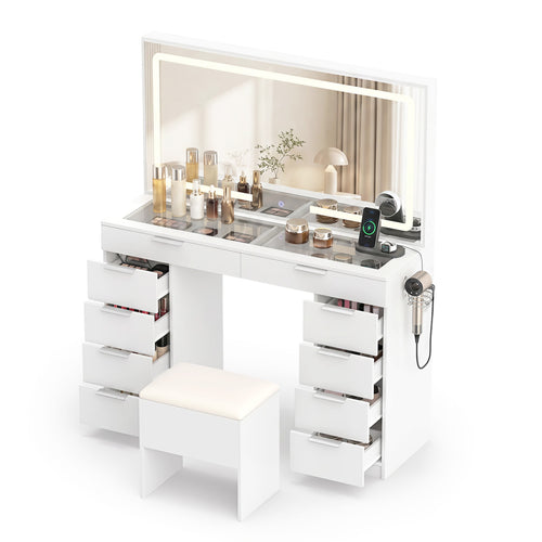 Vanity Desk with Mirror, Lights, Stool & Charging Station, White