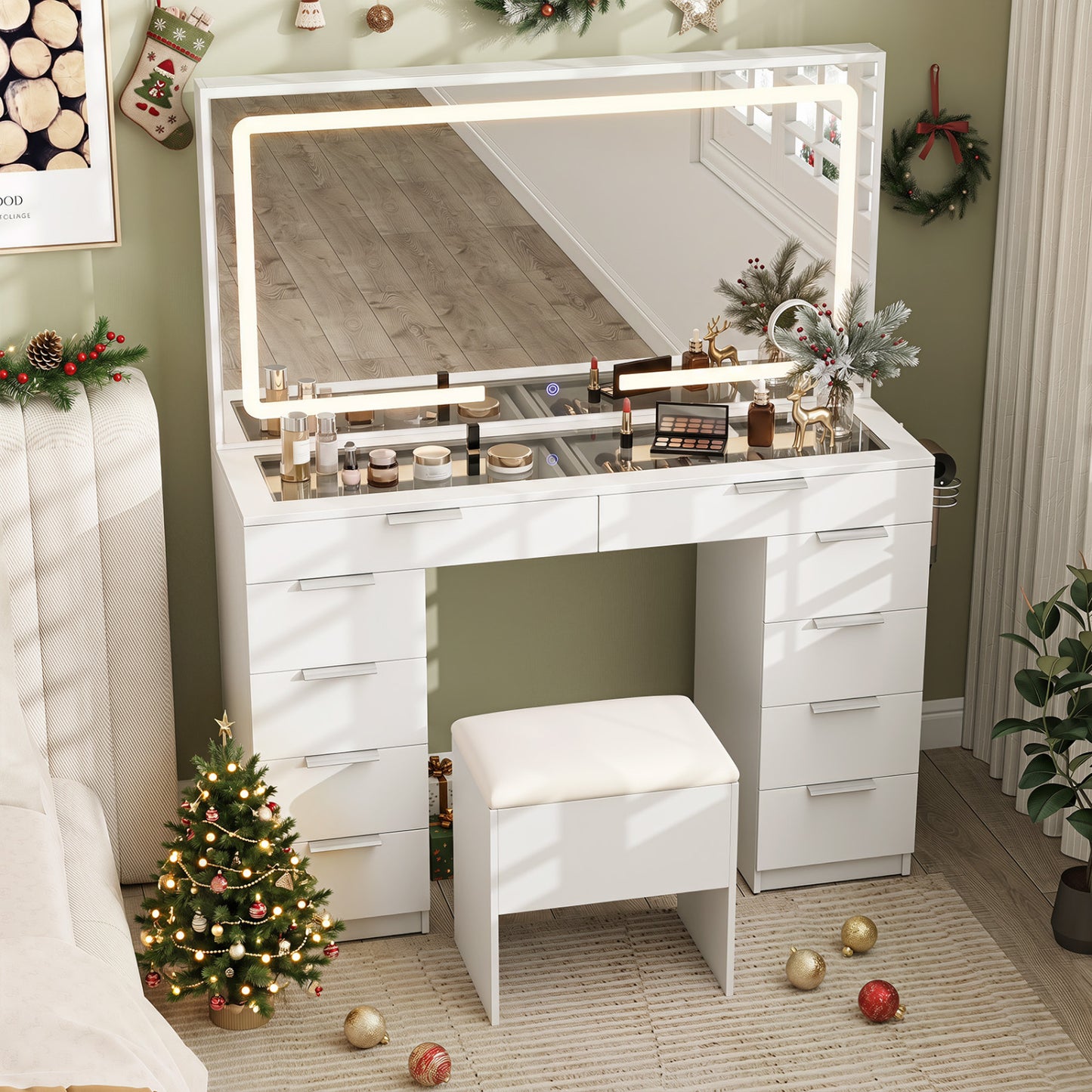 Vanity Desk with Mirror, Lights, Stool & Charging Station, White Makeup Vanities at Gallery Canada