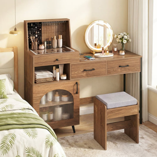Vanity Desk With Mirror And Lights With Ring Slots, Natural White Makeup Vanities Natural & White at Gallery Canada