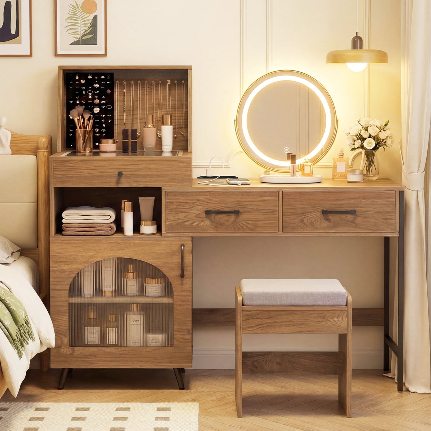 Vanity Desk With Mirror And Lights With Ring Slots, Natural White