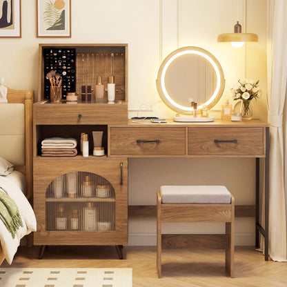 Vanity Desk With Mirror And Lights With Ring Slots, Natural White