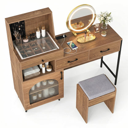 Vanity Desk With Mirror And Lights With Ring Slots, Natural White