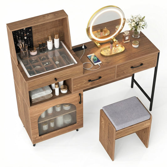 Vanity Desk With Mirror And Lights With Ring Slots, Natural White Makeup Vanities Natural & White at Gallery Canada