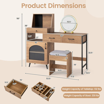 Vanity Desk With Mirror And Lights With Ring Slots, Natural White