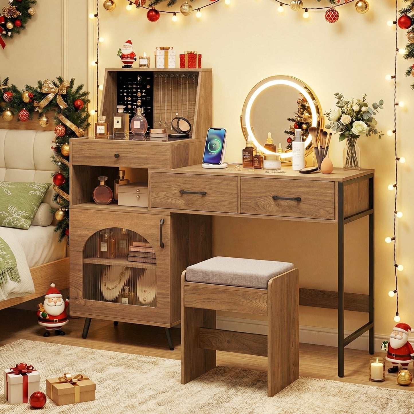 Vanity Desk With Mirror And Lights With Ring Slots, Natural White