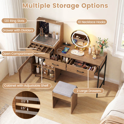Vanity Desk With Mirror And Lights With Ring Slots, Natural White