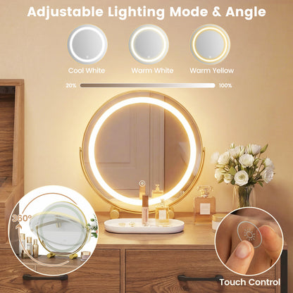 Vanity Desk With Mirror And Lights With Ring Slots, Natural White