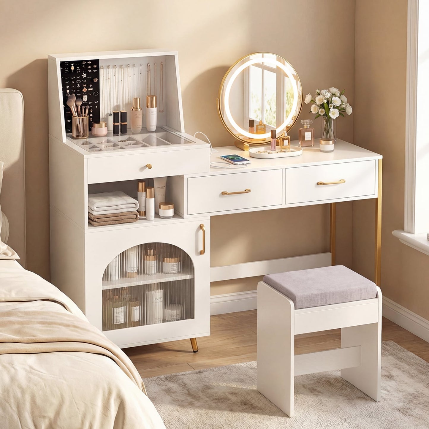 Vanity Desk with Lights, Mirror, Ring Slots & Hooks, White