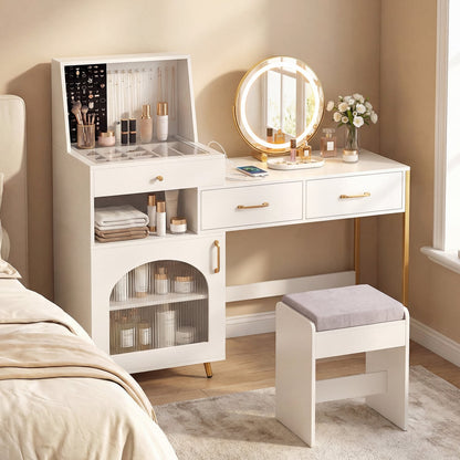 Vanity Desk with Lights, Mirror, Ring Slots & Hooks, White