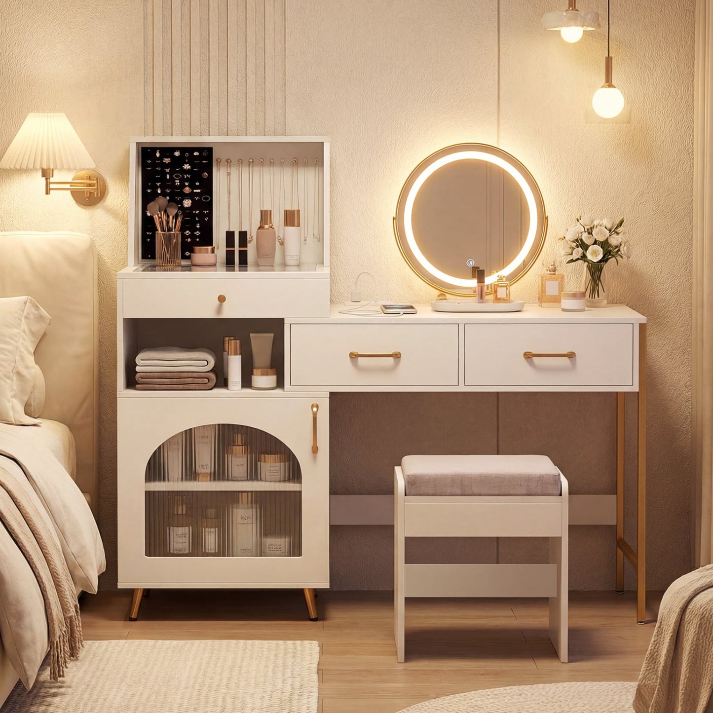 Vanity Desk with Lights, Mirror, Ring Slots & Hooks, White