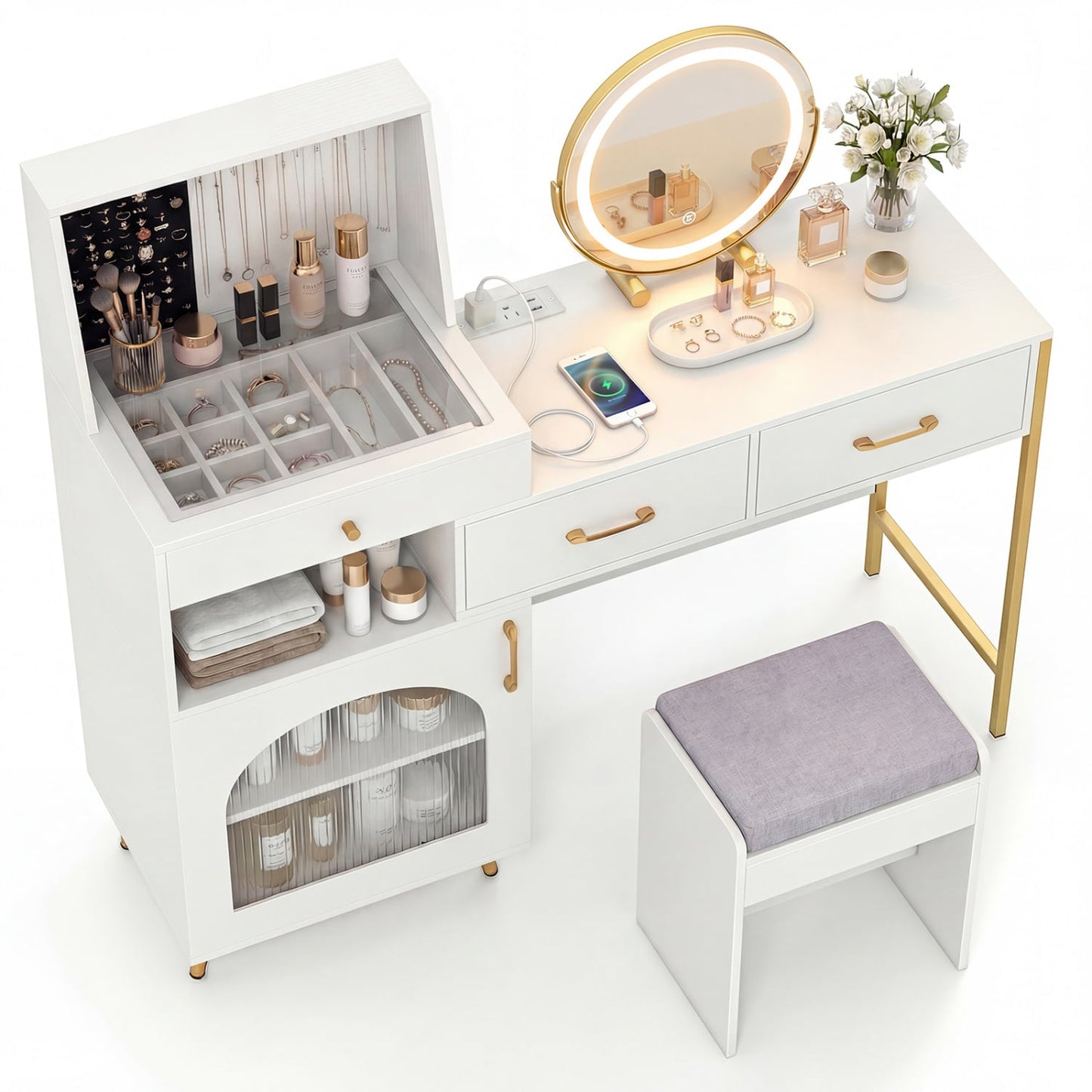 Vanity Desk with Lights, Mirror, Ring Slots & Hooks, White