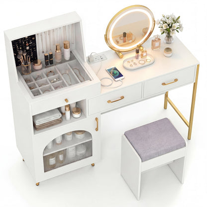 Vanity Desk with Lights, Mirror, Ring Slots & Hooks, White
