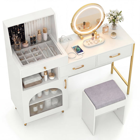 Vanity Desk with Lights, Mirror, Ring Slots & Hooks, White Makeup Vanities White at Gallery Canada
