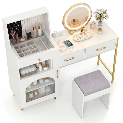 Vanity Desk with Lights, Mirror, Ring Slots & Hooks, White