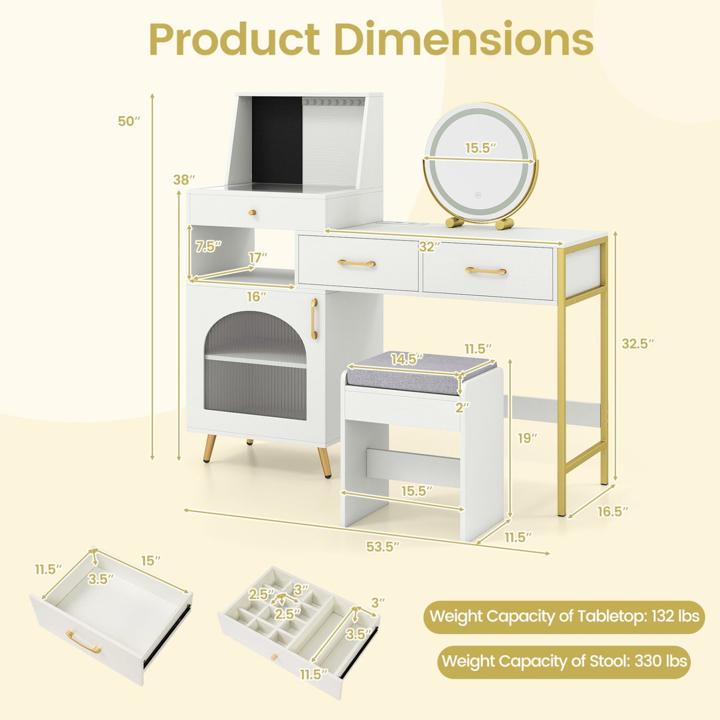 Vanity Desk with Lights, Mirror, Ring Slots & Hooks, White