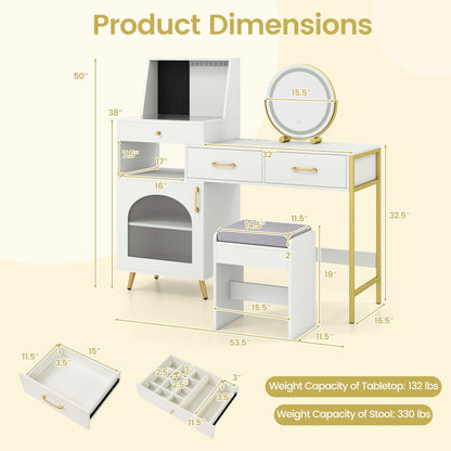 Vanity Desk with Lights, Mirror, Ring Slots & Hooks, White