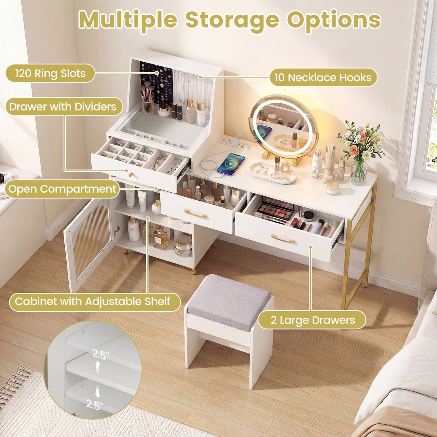 Vanity Desk with Lights, Mirror, Ring Slots & Hooks, White