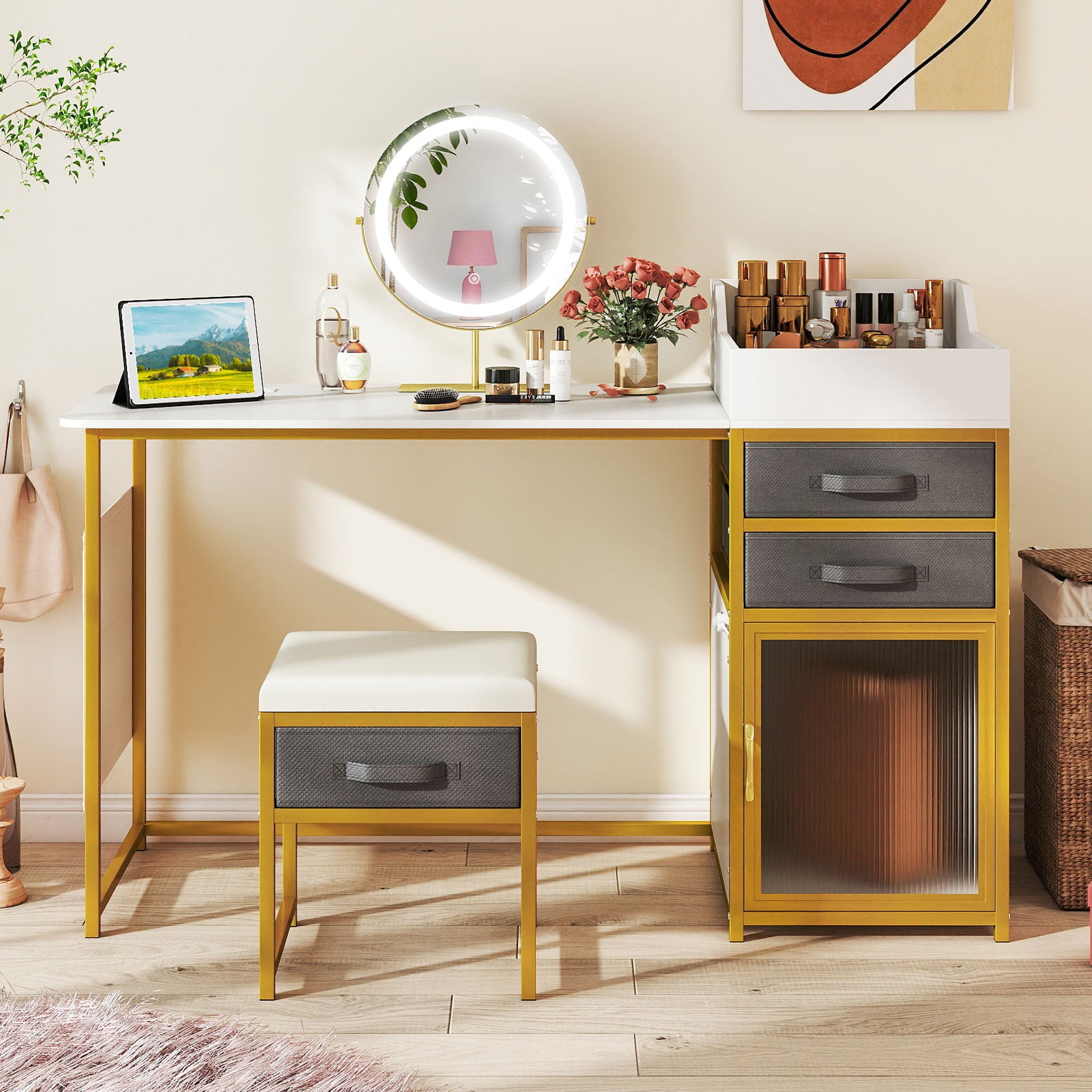 Vanity Desk with Rotatable Lighted Mirror 55 Inch Makeup Vanity Table, White Makeup Vanities at Gallery Canada