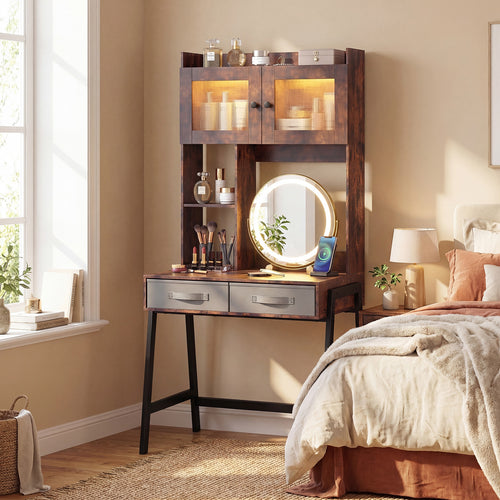 Vanity Desk with Rotatable Mirror and Lights Modern Dressing Table with 3 Light Colors, Brown
