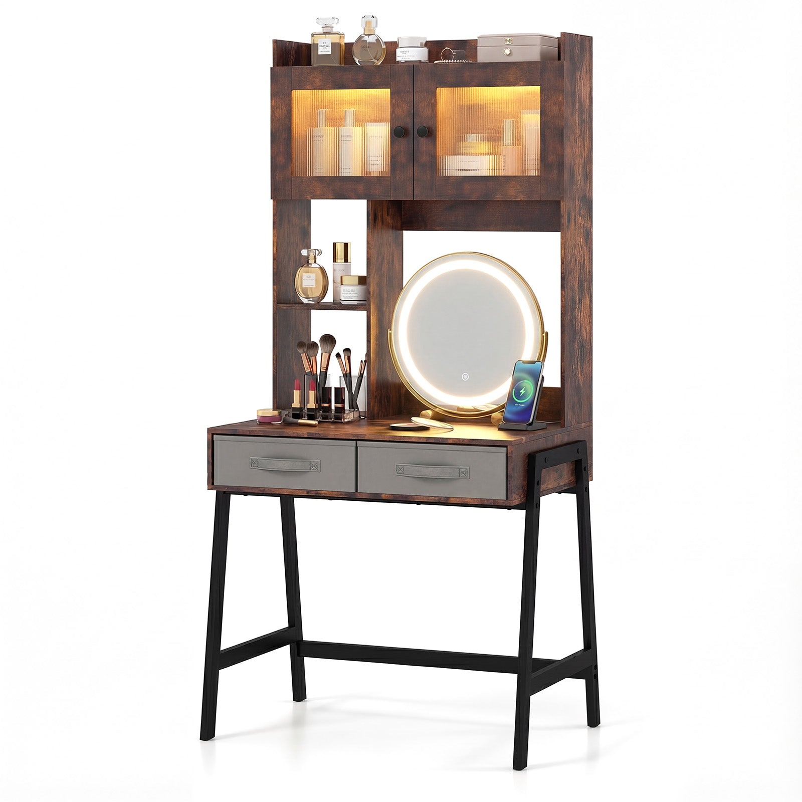 Vanity Desk with Rotatable Mirror and Lights Modern Dressing Table with 3 Light Colors, Brown Makeup Vanities at Gallery Canada