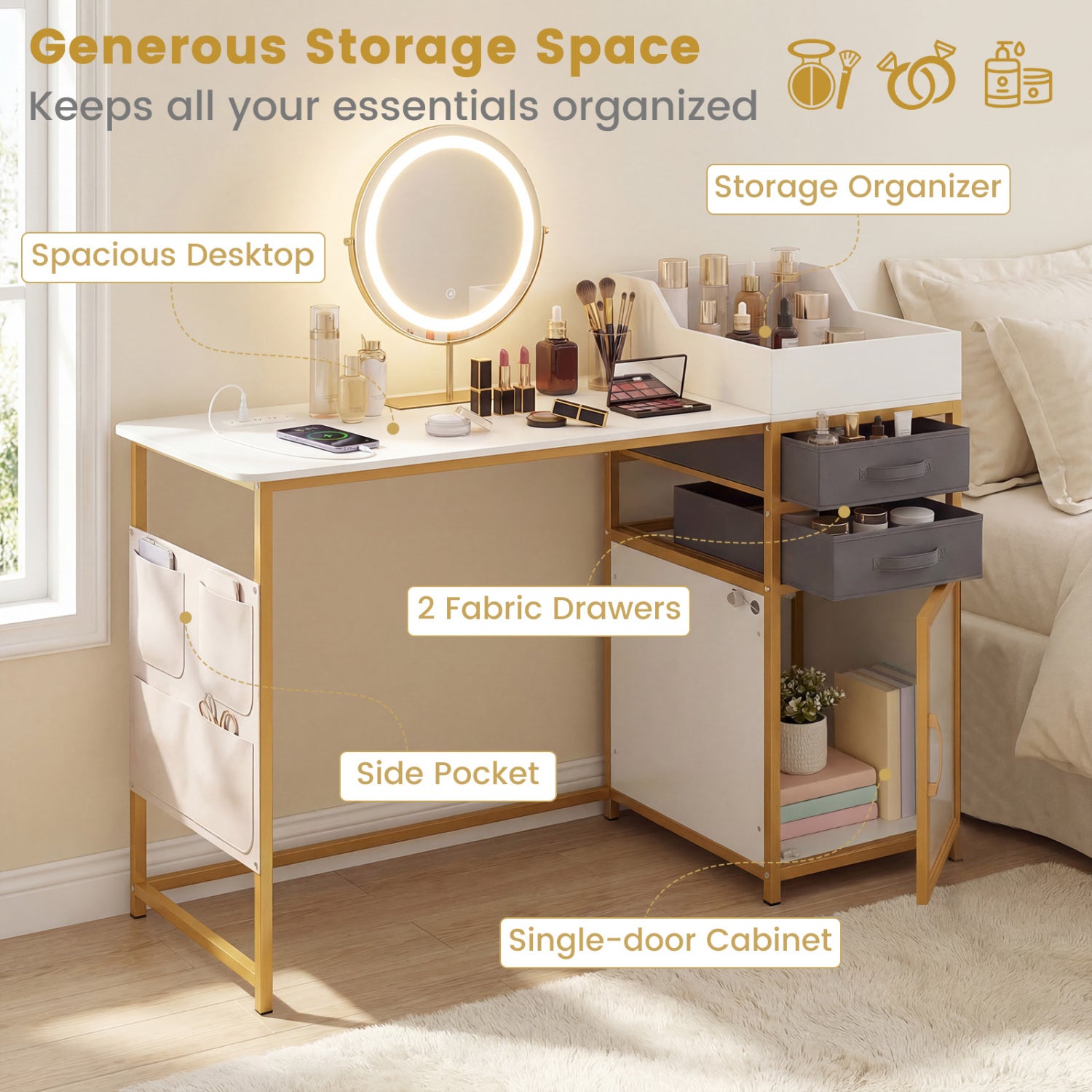 Vanity Desk with Rotatable Lighted Mirror 55 Inch Makeup Vanity Table, White Makeup Vanities at Gallery Canada